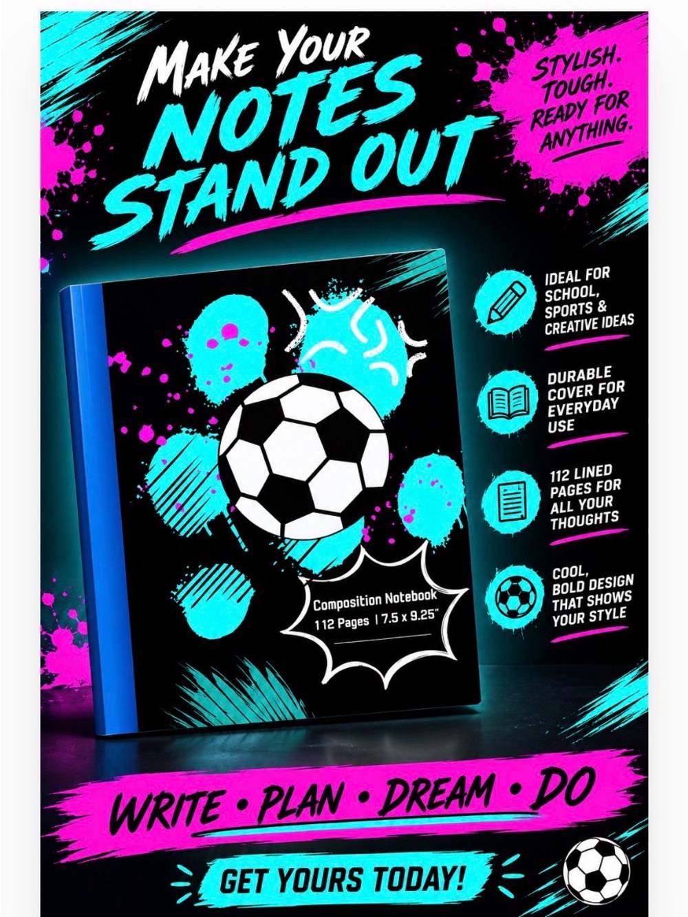 Black & Teal Soccer Composition Notebook